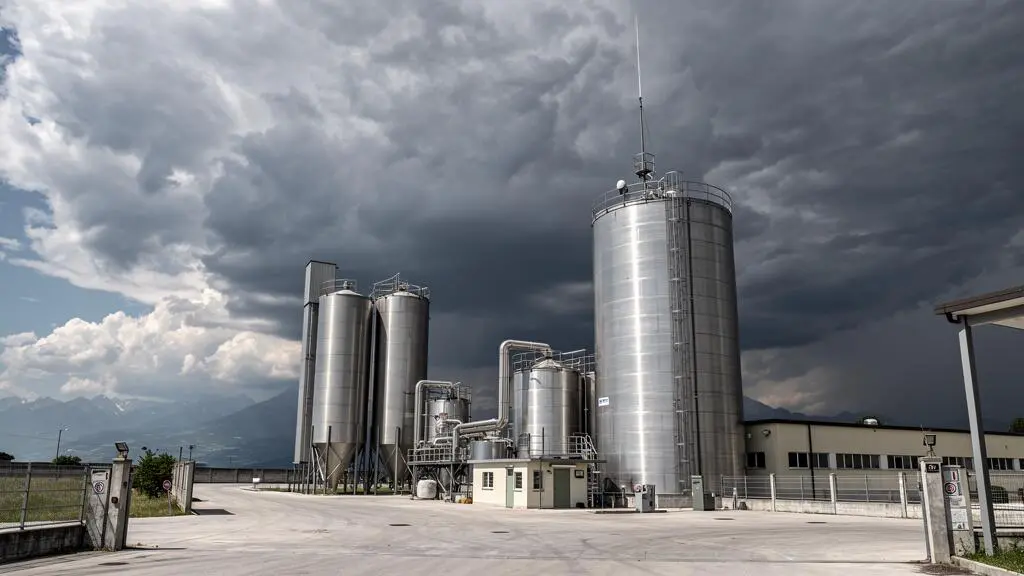 Sito di stoccaggio industriale italiano con cisterne metalliche e parafulmine sotto un cielo di tempesta minaccioso