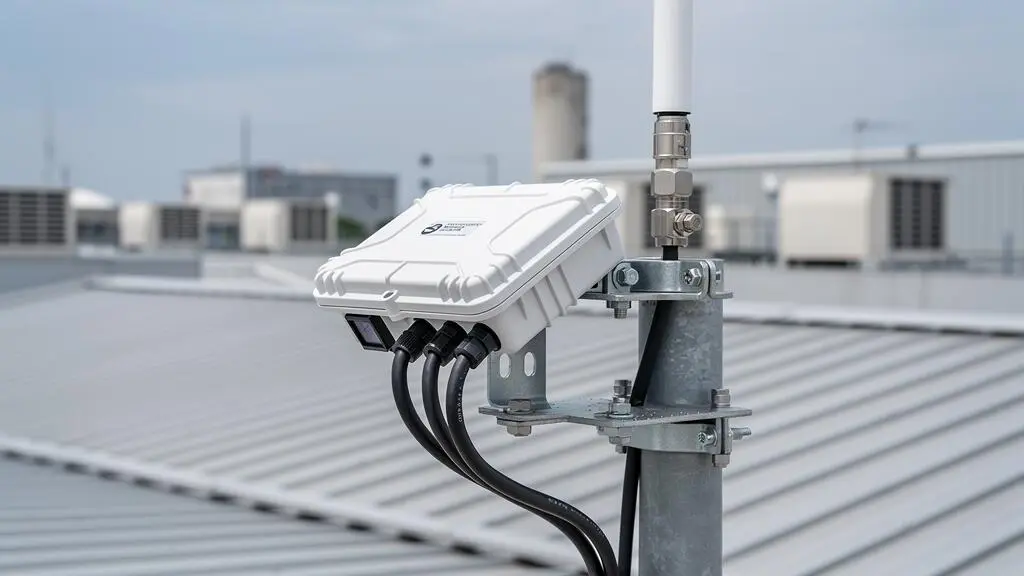 Stazione professionale di rilevamento fulmini con sensore elettromagnetico installata su tetto industriale
