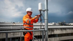 Tecnico della sicurezza che installa un sensore di rilevamento fulmini su un palo metallico in un sito industriale italiano