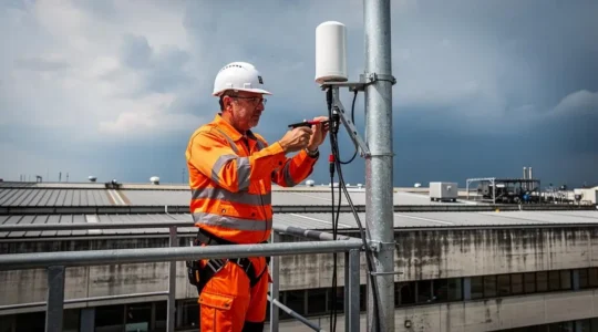 Tecnico della sicurezza che installa un sensore di rilevamento fulmini su un palo metallico in un sito industriale italiano